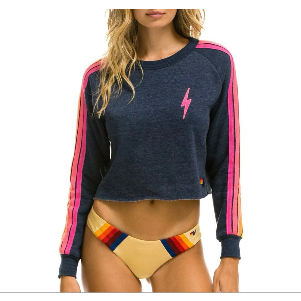 Aviator Nation Bolt Cropped Heather Navy Sweatshirt Neon Stripes Size L